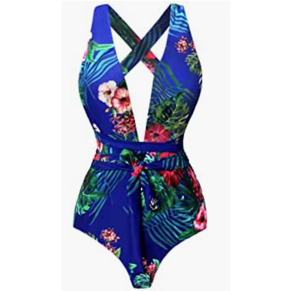 Women's Tropical Print Deep V-Neck Criss Cross Floral One Piece Swimsuit Lg - Picture 1 of 5